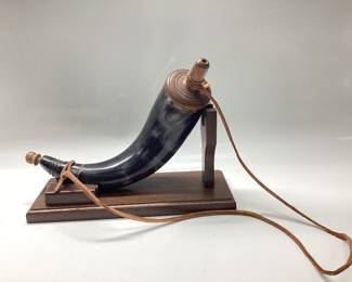 POWDER HORN HAND CARVED WITH LEATHER STRAP 11 inches