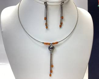 4 VINTAGE NATIVE AMERICAN NECKLACES AND EARRINGS RED CORAL HEISHI FETISH FEATURES HAND CARVED BIRDS FROM ABALONE SHELLS WITH STERLING SILVER ACCENTS