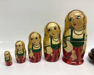 MATRYOSHKA DOLL, 24k GOLD PAINTED GREEK TRINKET DISH AND HAND PAINTED WOODEN EGG ON A STAND