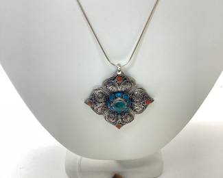  VTG. ZUNI NATIVE AMERICAN STERLING SILVER CROSS BY CECILIA LULE AND A DOUBLE SIDED A. HERNY BEAR PAW WITH TURQUOISE AND BLACK ONYX