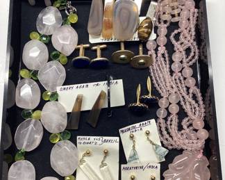  VINTAGE NATURAL GEMSTONE JEWELRY TWO ROSES QUARTZ NECKLACES AND EARRINGS ONE IS STERLING SILVER, CUFF LINKS, AGATE, TIGERS EYE