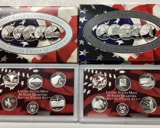 2 Silver state quarter proof sets. 10 coins 2007, 2008 State quarters San Francisco mint U.S. 90.0 silver coin
