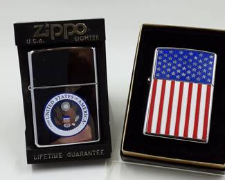 2 USA ENDORSED ZIPPO LIGHTERS Classic Stars and Stripes also United States of America Seal. Never used