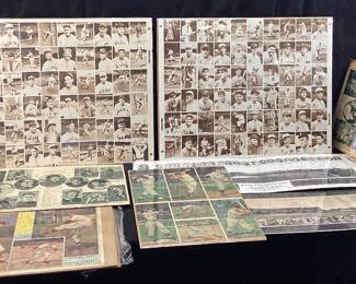 BASEBALL MEMORABILIA, NEWSPAPER PRINT, PHOTOS, COLLAGES, 1986 SPORTING NEWS WORLD WIDE SPORTS BASEBALL IMMORTALS UNCUT CARD SHEET, BABE RUTH, LOU GEHRIG, HONUS WAGNER, TY COBB A YARD OF THE NATIONAL GAME RECORD BREAKING CUBS, 1930 ALL AMERICAN COLLEGE FOOTBALL TEAM, 1939 WRIGLEY FIELD PHOTO