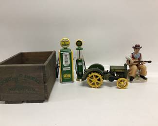 JOHN DEERE CRATE, 2 GAS PUMPS, WOODEN TRACTOR AND HOMCO COWBOY