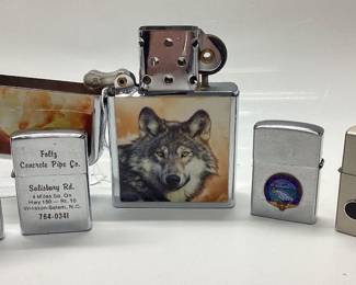 6 Zippo style lighter lot NOT ZIPPO BRAND. 4.5 inch tall wolf logo, spade,Kennedy oil co., Foltz concrete pipe co., Navy training. Vintage lighters