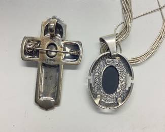 VTG. CAROLYN POLLACK RELIOS STERLING SILVER MULTI-STONE INLAY PENDANT AND CROSS BROOCH/PENDANT ON A LIQUID STERLING SILVER NECKLACE 33.41 grams