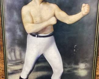 (3) BOXING FRAMED ART, GEORGE FOREMAN SIGNED PHOTOGRAPH,1895 JOE LANNON BOXING GLADIATORS POSTER, JOHN L SULLIVAN PRINT, LAST HEAVYWEIGHT CHAMPION OF BARE KNUCKLE BOXING NO SHIPPING PICKUP ONLY