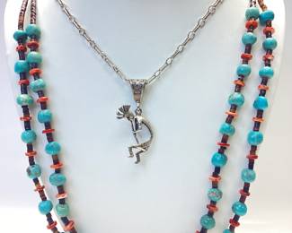 NATIVE AMERICAN STERLING SILVER NECKLACE KOKOPELLI PENDANT ALONG SIDE A TURQUOISE AND CORAL BEADED NECKLACE 13.90 grams