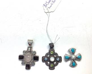 3 STERLING SILVER CROSS PENDANTS Designed by BA Suarti Bali cross, turquoise and pearl unknown and aquarium smoky and rose quartz and one garnet Maltese cross pendant 39.28 gram