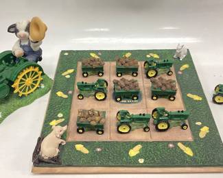 MARY MOO MOOS JOHN DEERE BOY MODEL D TRACTOR AND JONH DEERE TIC TAC TOE GAME 5 each tractors and trailers