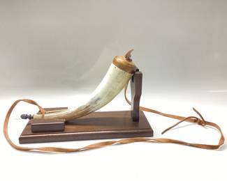 POWDER HORN HAND CARVED WITH LEATHER STRAP