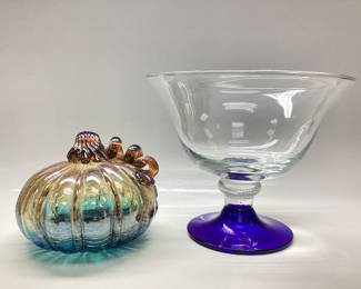  HANDBLOWN CRACKLE GLASS PUMPKIN WITH COBALT BLUE PEDESTAL BOWL. Amber with blue and teal has a small chip in side of pumpkin
