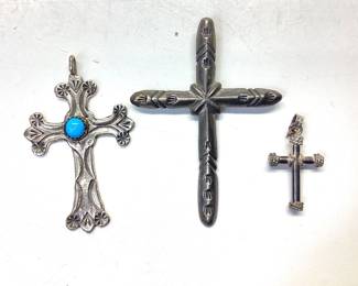 3 NATIVE AMERICAN STERLING SILVER CROSS PENDANTS Turquoise cross is by Glen Sandoval unknown on other two 15.27 grams