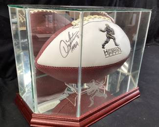 AUTOGRAPHED 1984 DOUG FLUTIE #22 BOSTON COLLEGE COMMEMORATIVE HEISMAN TROPHY, BADEN FOOTBALL IN DISPLAY CASE
