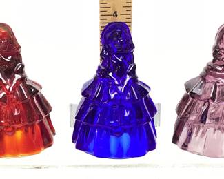 (3) BOYDS ART GLASS LOUISE COLONIAL LADY FIGURINES, COBALT BLUE, LIGHT PURPLE & AMBERINA