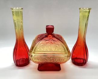 AMBERINA CANDY DISH ACRORN AND OAK LEAF PATTERN BY JEANNETTE GLASS WITH A PAIR OF BUD VASES