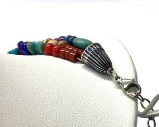  STERLING SILVER TRIPLE STRAND BEADED NECKLACE WITH COIL WRAP BRACELET DESIGNER MICHEEL GULAN FEATURING RED CORAL, TURQUOISE, AMETHYST, LAPIS AND MORE