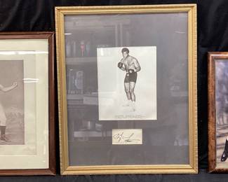 (3) BOXING FRAMED ART, GEORGE FOREMAN SIGNED PHOTOGRAPH,1895 JOE LANNON BOXING GLADIATORS POSTER, JOHN L SULLIVAN PRINT, LAST HEAVYWEIGHT CHAMPION OF BARE KNUCKLE BOXING NO SHIPPING PICKUP ONLY