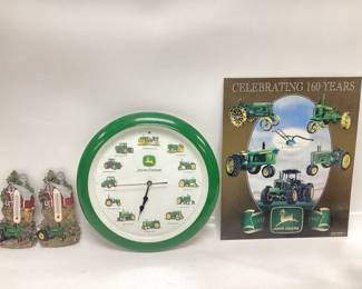 JOHN DEERE WALL CLOCK, 2 THERMOMETERS AND METAL SIGN
