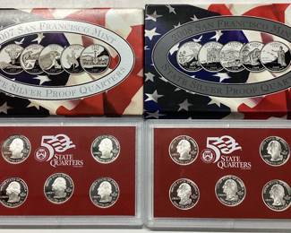 2 Silver state quarter proof sets. 10 coins 2007, 2008 State quarters San Francisco mint U.S. 90.0 silver coin