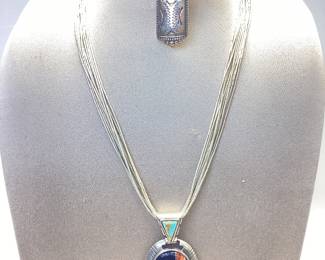 VTG. CAROLYN POLLACK RELIOS STERLING SILVER MULTI-STONE INLAY PENDANT AND CROSS BROOCH/PENDANT ON A LIQUID STERLING SILVER NECKLACE 33.41 grams