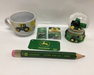 JOHN DEERE COFFEE MUG, KEY CHAIN, PLAYING CARDS, MUSICAL GLOBE, SMALL LICENSE PLATE AND LARGE PENCIL