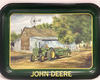  VTG. 2000 JOHN DEERE METAL TRAY BARNYARD CHORES, 1957 CHEVROLET DIE CAST TRUCK WITH MOWER AND GAS CAN