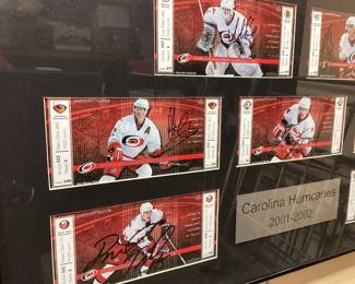 AUTOGRAPHED 2001-2002 CAROLINA HURRICANES NHL LUXURY SUITE TICKETS FRAMED MEMORABILIA COLLECTION, ARTURS IRBE, SAMI KAPANEN, DAVID TANABE, GLEN WESLEY, RON FRANCIS, JEFF Oâ€™NEIL, ROD BRINDâ€™AMOUR NO SHIPPING PICKUP ONLY