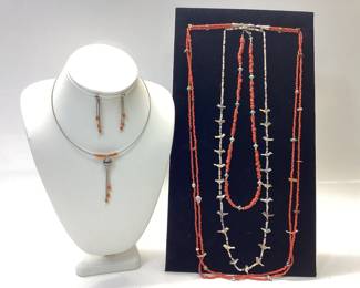 4 VINTAGE NATIVE AMERICAN NECKLACES AND EARRINGS RED CORAL HEISHI FETISH FEATURES HAND CARVED BIRDS FROM ABALONE SHELLS WITH STERLING SILVER ACCENTS