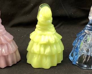 (3) VTG. BOYDS ART GLASS LOUISE SOUTHERN BELL FIGURINES, PINK AND YELLOW SLAG GLASS, LIGHT BLUE