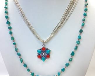 CAROLYN POLLACK QUUC TURQUOISE PENDANT ON A LIQUID STERLING SILVER NECKLACE AND RELIOS BY CAROLYN POLLACK TURQUOISE NUGGET NECKLACE 26.18 total grams