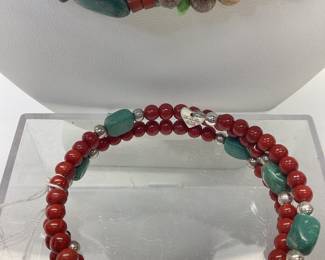  STERLING SILVER TRIPLE STRAND BEADED NECKLACE WITH COIL WRAP BRACELET DESIGNER MICHEEL GULAN FEATURING RED CORAL, TURQUOISE, AMETHYST, LAPIS AND MORE