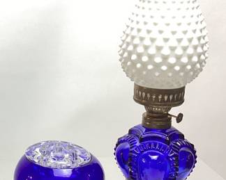 (2) VTG. COBALT BLUE OIL LAMP w HOBNAIL MILK GLASS SHADE & COBALT VIKING FLOWERLITE w FLOWER FROG NO SHIPPING PICKUP ONLY
