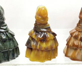 (3) VTG. BOYDS ART SLAG GLASS LOUISE DOLL FIGURINES, COLONIAL LADY OR SOUTHERN BELL, SWIRL BLACK, DARK GREEN AND BROWN