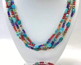  STERLING SILVER TRIPLE STRAND BEADED NECKLACE WITH COIL WRAP BRACELET DESIGNER MICHEEL GULAN FEATURING RED CORAL, TURQUOISE, AMETHYST, LAPIS AND MORE