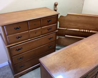 4 PIECE AMERICAN DREW BEDROOM SUITE, DRESSER, MIRROR, QUEEN BED AND CHEST OF DRAWERS NO SHIPPING PICKUP ONLY