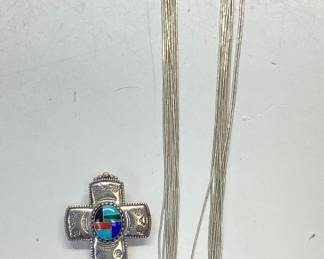 VTG. CAROLYN POLLACK RELIOS STERLING SILVER MULTI-STONE INLAY PENDANT AND CROSS BROOCH/PENDANT ON A LIQUID STERLING SILVER NECKLACE 33.41 grams