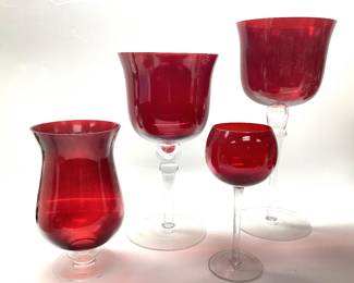 3) HAND-PAINTED RUBY RED CANDLE HOLDERS AND ONE RUBY RED WINE GLASS