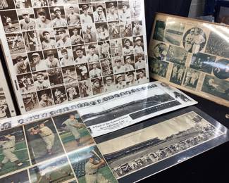 BASEBALL MEMORABILIA, NEWSPAPER PRINT, PHOTOS, COLLAGES, 1986 SPORTING NEWS WORLD WIDE SPORTS BASEBALL IMMORTALS UNCUT CARD SHEET, BABE RUTH, LOU GEHRIG, HONUS WAGNER, TY COBB A YARD OF THE NATIONAL GAME RECORD BREAKING CUBS, 1930 ALL AMERICAN COLLEGE FOOTBALL TEAM, 1939 WRIGLEY FIELD PHOTO