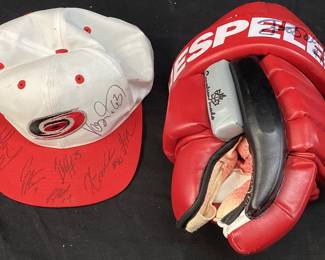 NHL EARLY 2000s CAROLINA HURRICANES AUTOGRAPHED HAT AND GLOVE, NO COA