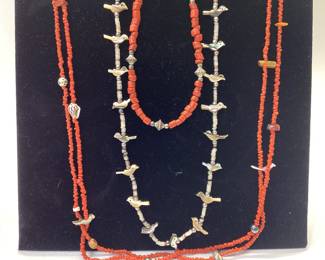 4 VINTAGE NATIVE AMERICAN NECKLACES AND EARRINGS RED CORAL HEISHI FETISH FEATURES HAND CARVED BIRDS FROM ABALONE SHELLS WITH STERLING SILVER ACCENTS