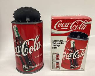 VTG. COCA COLA TALKING SAVINGS BANK AND METAL SIGN THERMOMETER IS BROKEN