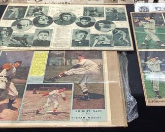BASEBALL MEMORABILIA, NEWSPAPER PRINT, PHOTOS, COLLAGES, 1986 SPORTING NEWS WORLD WIDE SPORTS BASEBALL IMMORTALS UNCUT CARD SHEET, BABE RUTH, LOU GEHRIG, HONUS WAGNER, TY COBB A YARD OF THE NATIONAL GAME RECORD BREAKING CUBS, 1930 ALL AMERICAN COLLEGE FOOTBALL TEAM, 1939 WRIGLEY FIELD PHOTO