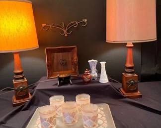 Wood And Brass Lamp Pair, Acrylic Tray With Glasses, Wooden Nut Dish, Vintage European Style Vase