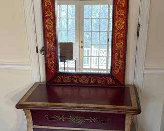 Country French Painted Bombe Style Chest And A Venetian Or Baroque Style Beveled Mirror.