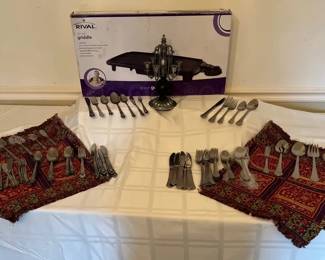 Rival Griddle 6 Arm Pewter Candelabra And 2 Sets Of Flatware