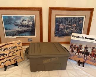 2 Zylla Prints, Ammo Box, And Coffee Table Books