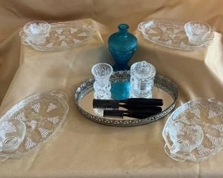 2 Hot Pressing Combs, Oval Dresser Tray, Federal Glass Lidded Container,Crystal Bud Vase, Vintage Bl