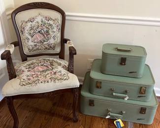 Louis XV Style Needlepoint Chair And A 3 Piece Set Of Lady Baltimore Luggage
